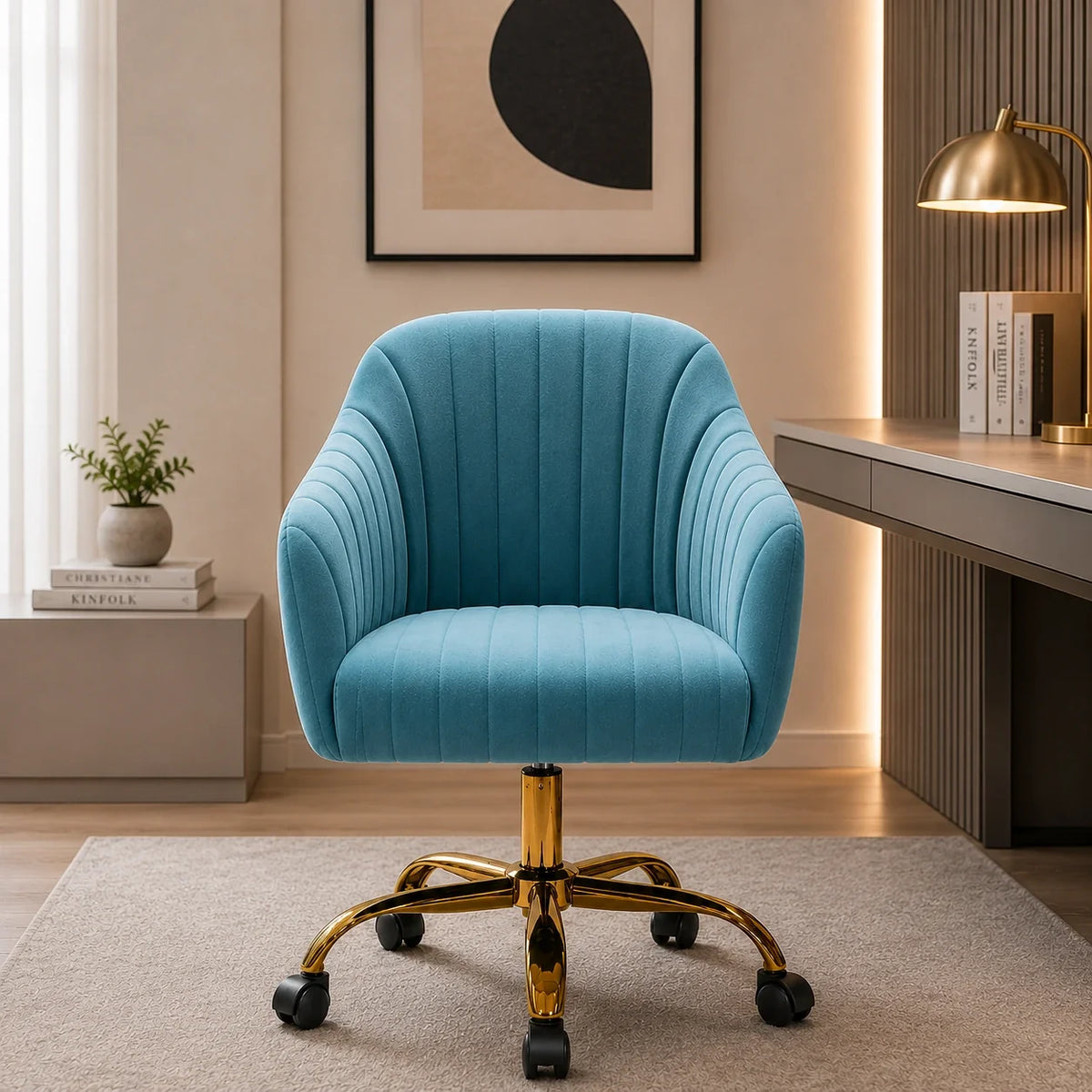 Refined Sky Blue Tufted Velvet Comfy Armchair with Golden Legs