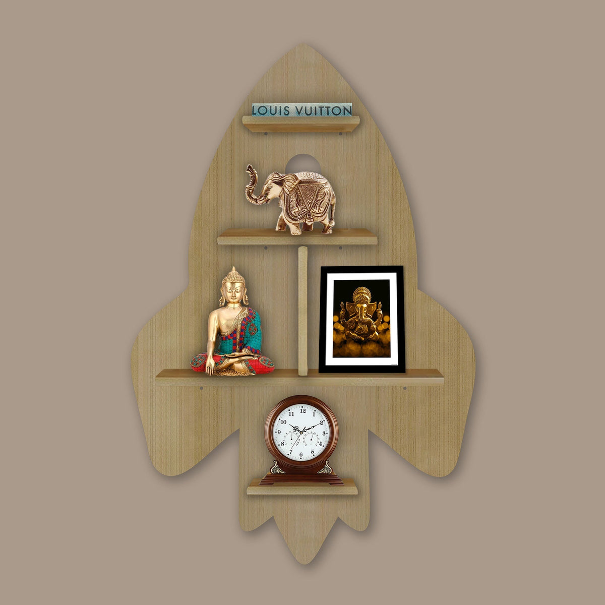 Rocket Shape Wooden Wall Shelf LED Light Wall Shelf with Oak Finish