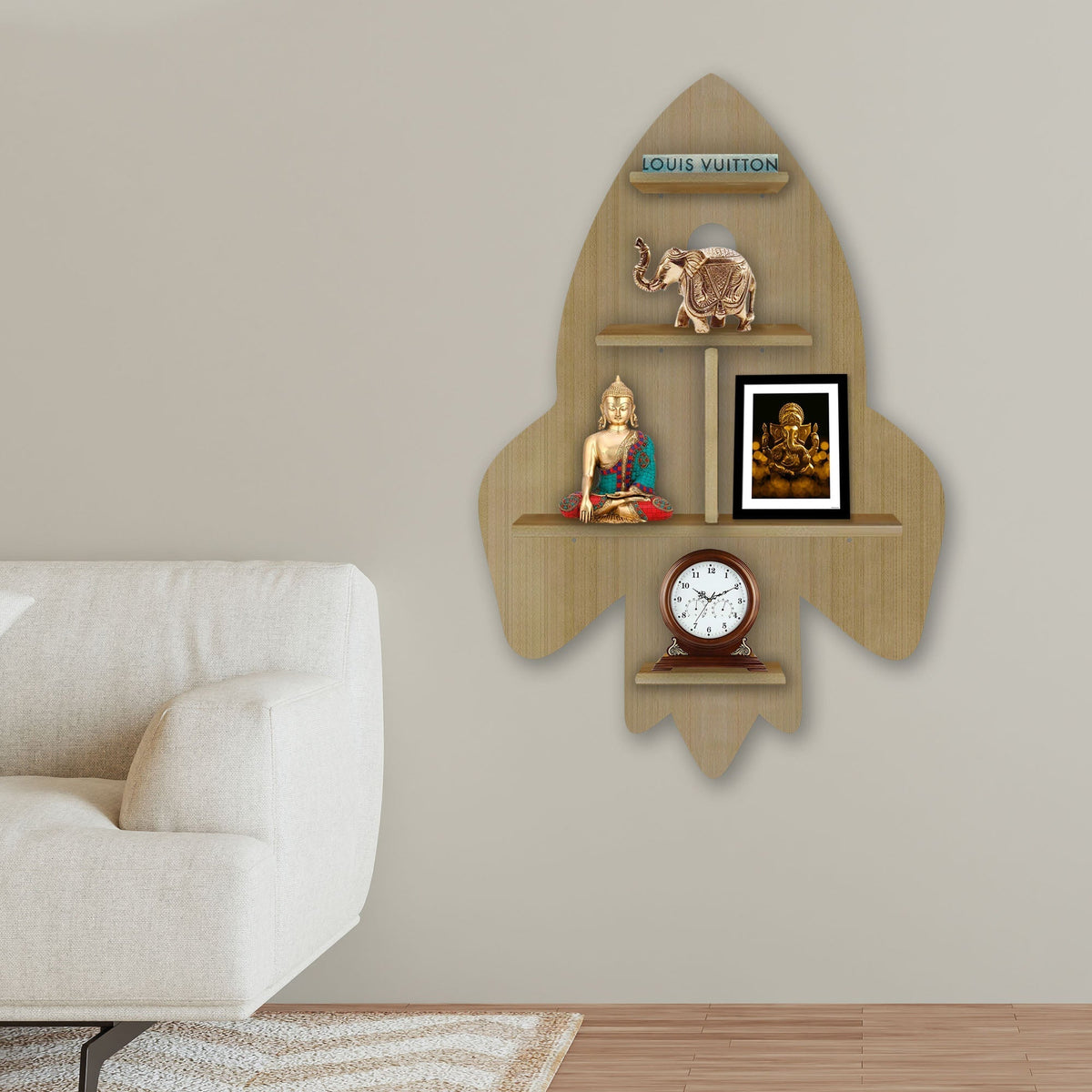 Rocket Shape Wooden Wall Shelf LED Light Wall Shelf with Oak Finish