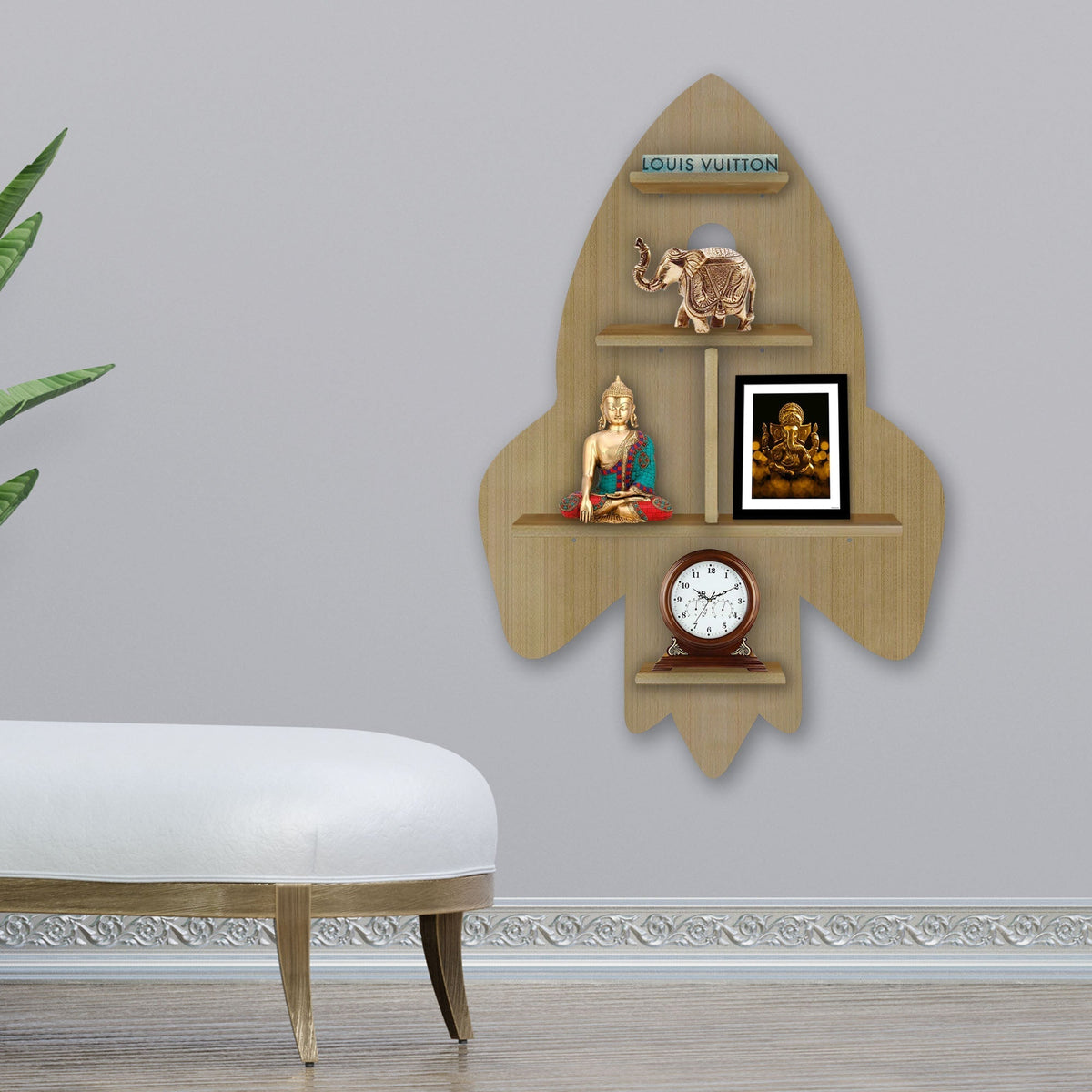 Rocket Shape Wooden Wall Shelf LED Light Wall Shelf with Oak Finish