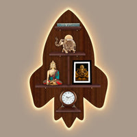 Rocket Shape Wooden Wall Shelf LED Light Wall Shelf with Walnut Finish