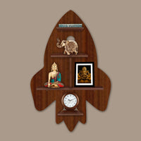 Rocket Shape Wooden Wall Shelf LED Light Wall Shelf with Walnut Finish