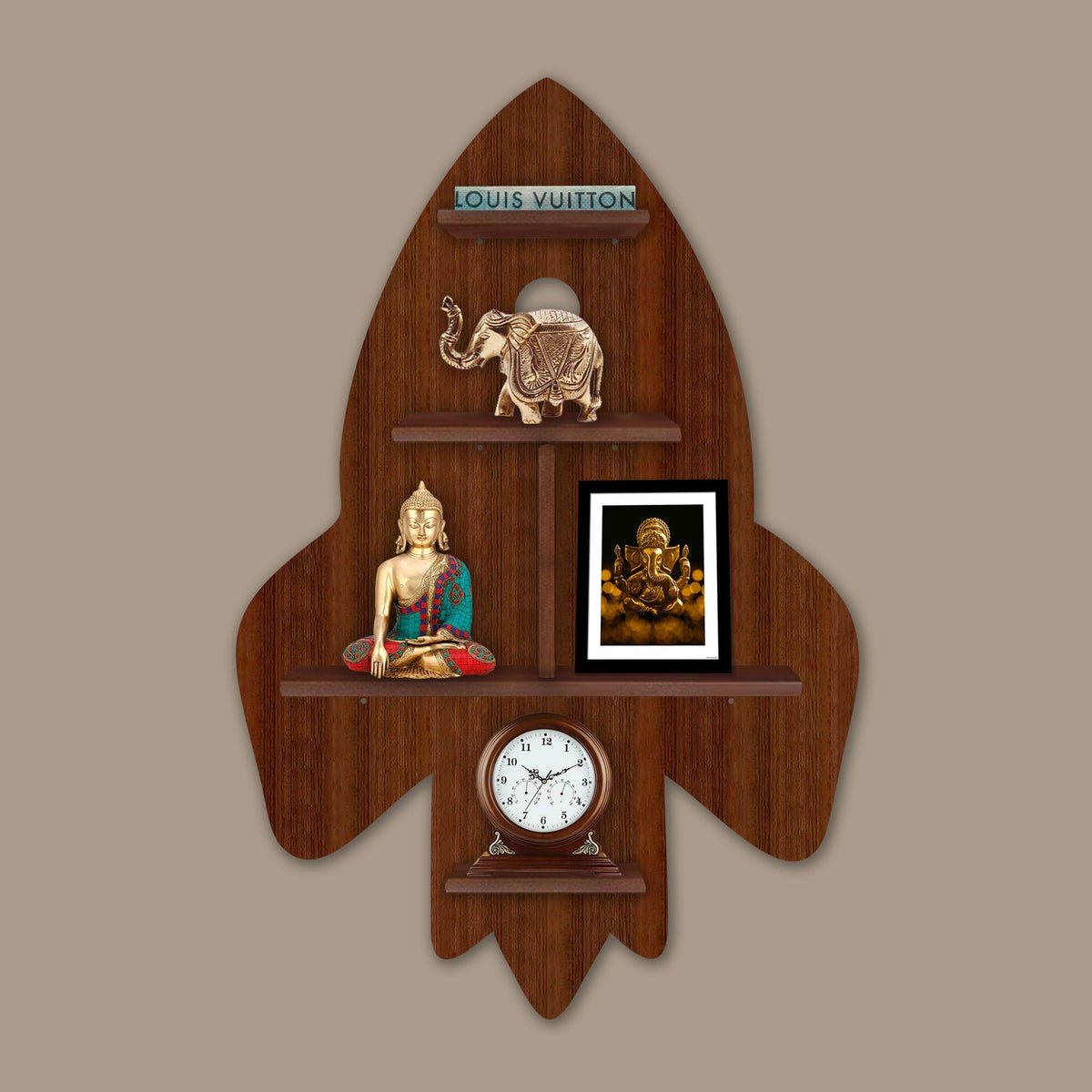 Rocket Shape Wooden Wall Shelf LED Light Wall Shelf with Walnut Finish