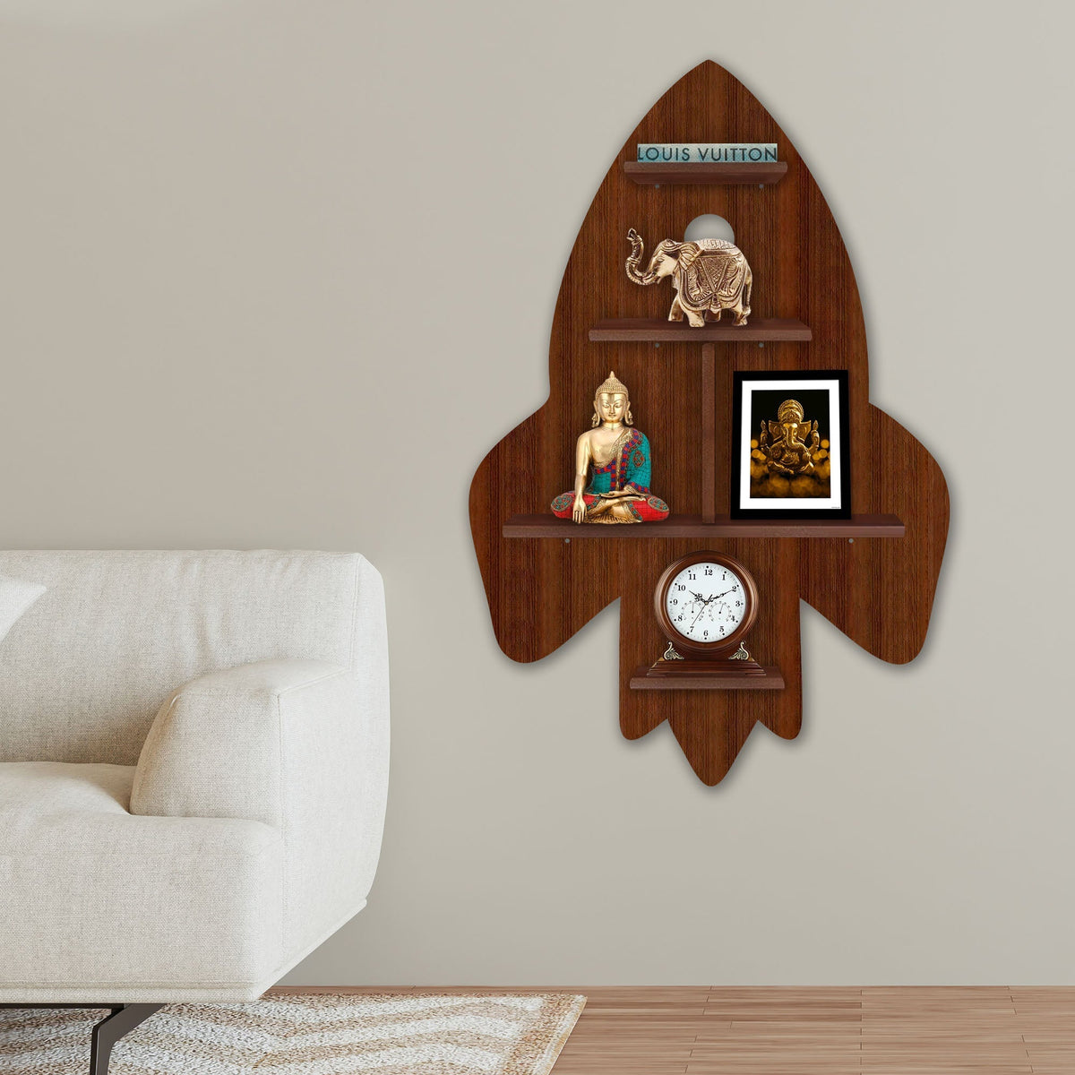 Rocket Shape Wooden Wall Shelf LED Light Wall Shelf with Walnut Finish
