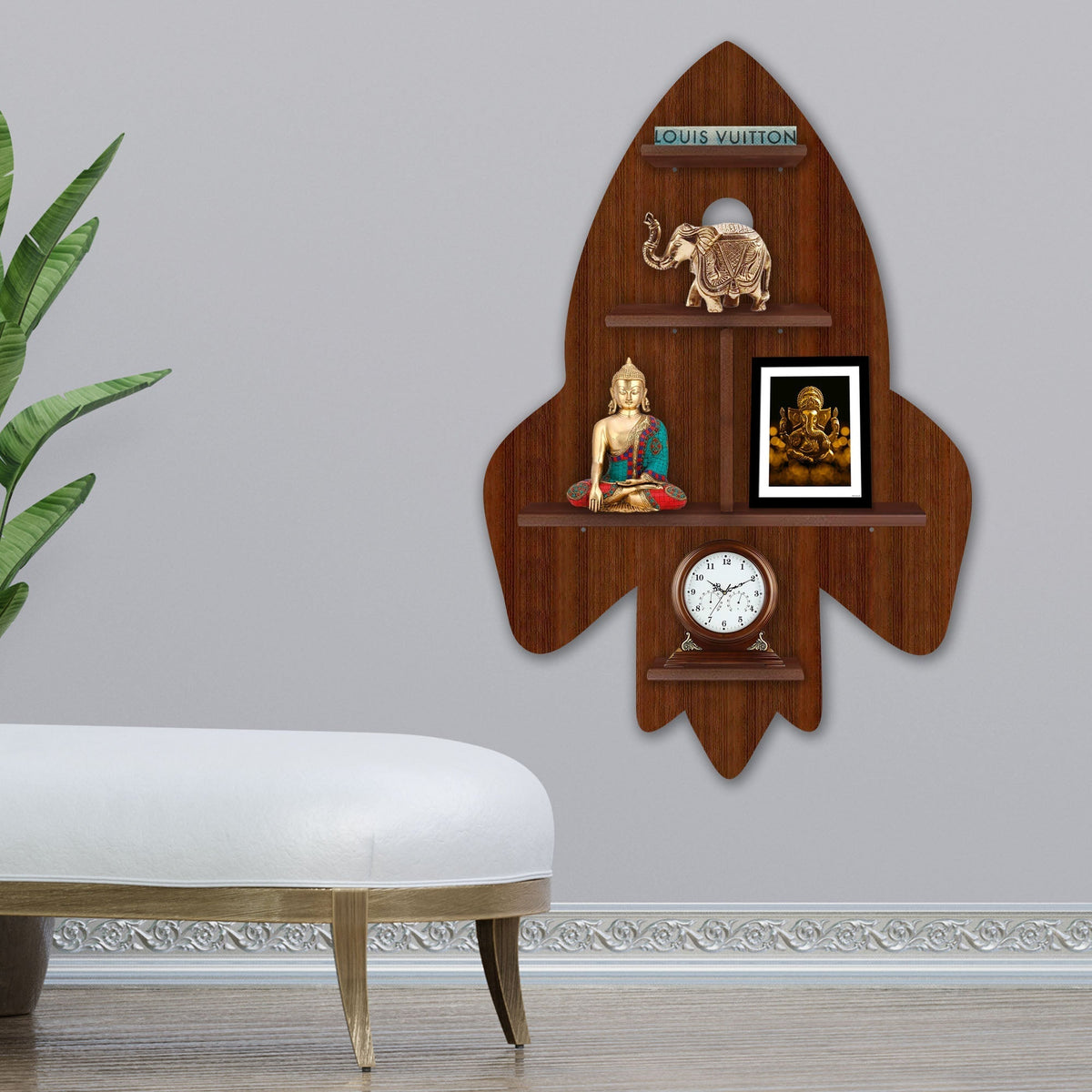 Rocket Shape Wooden Wall Shelf LED Light Wall Shelf with Walnut Finish