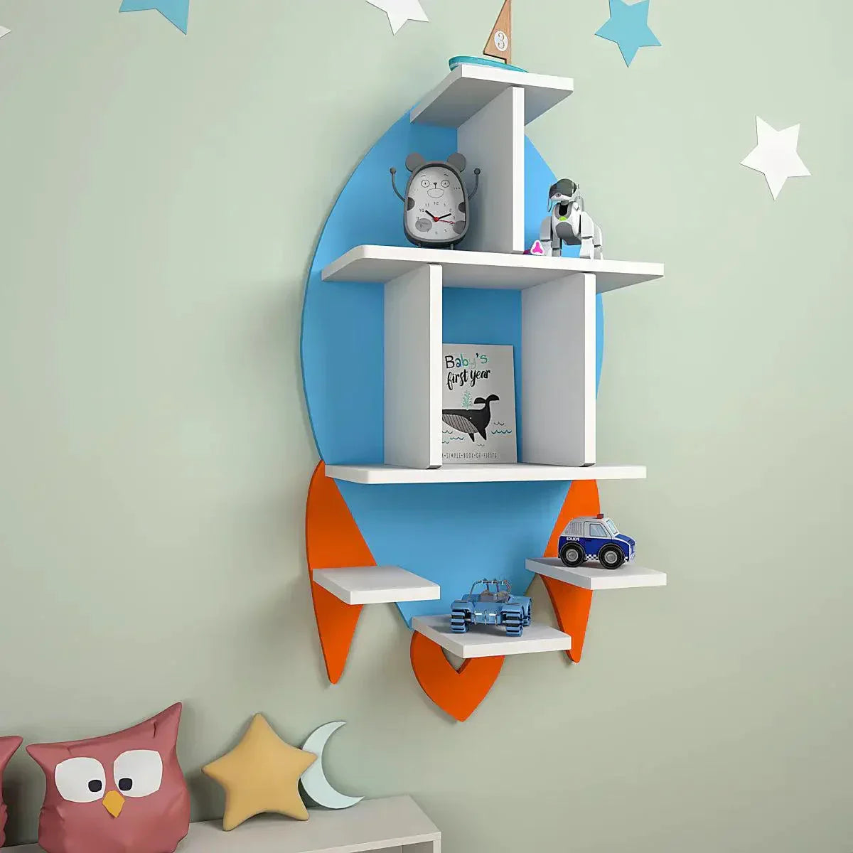 Rocket Shape Wooden Wall Storage Shelf for Kids