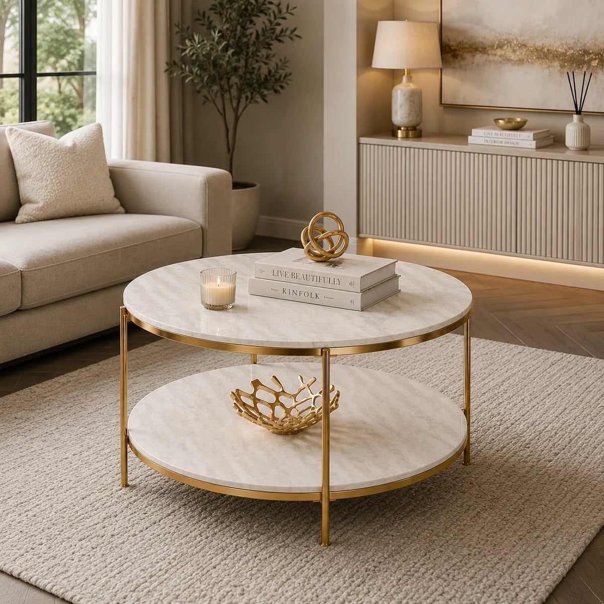 Round Metal Copper Round Coffee Table In Shiny Golden Edge