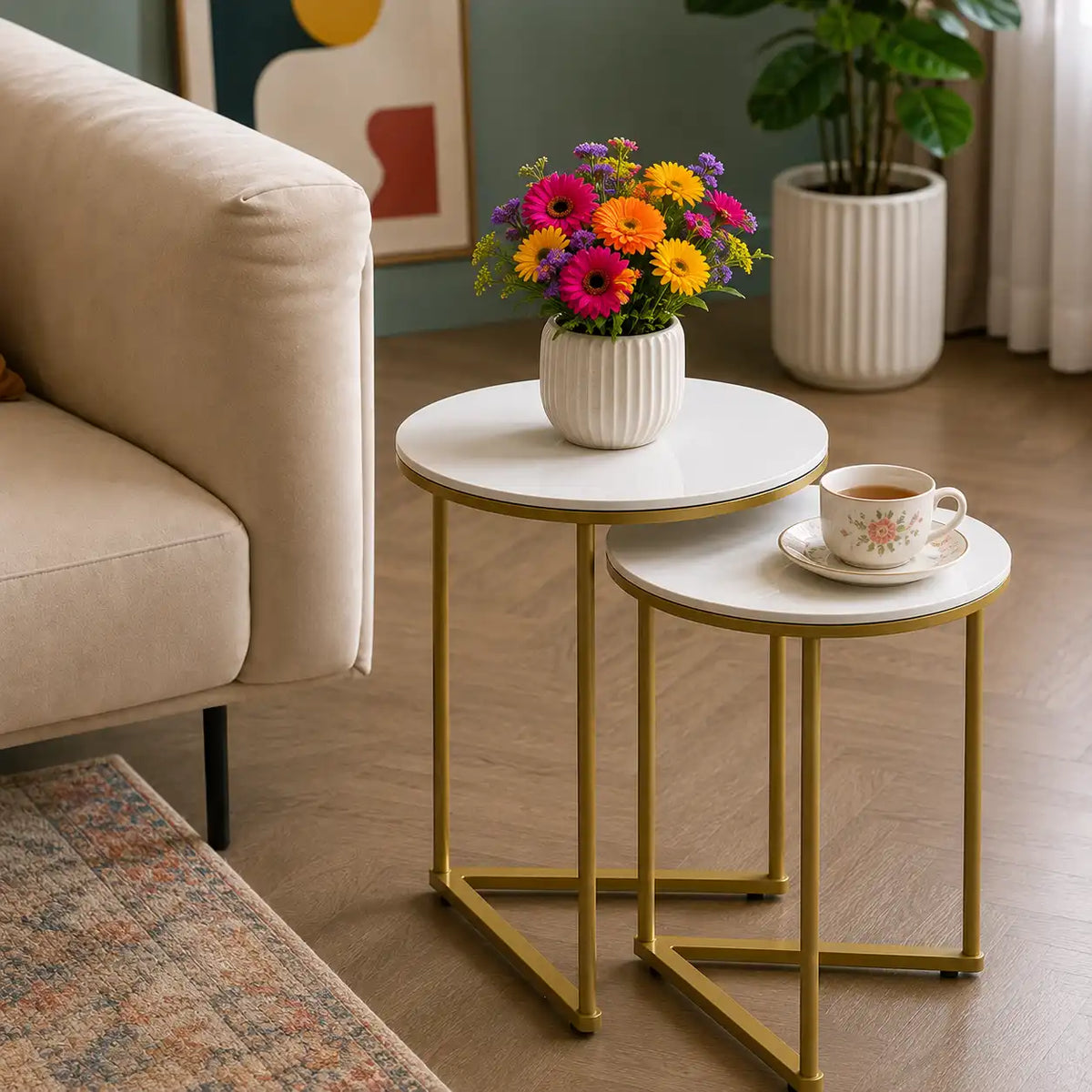 Round Shape Iron Stand Side Marble Table Set of 2
