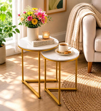 Round Shape Iron Stand Side Marble Table Set of 2