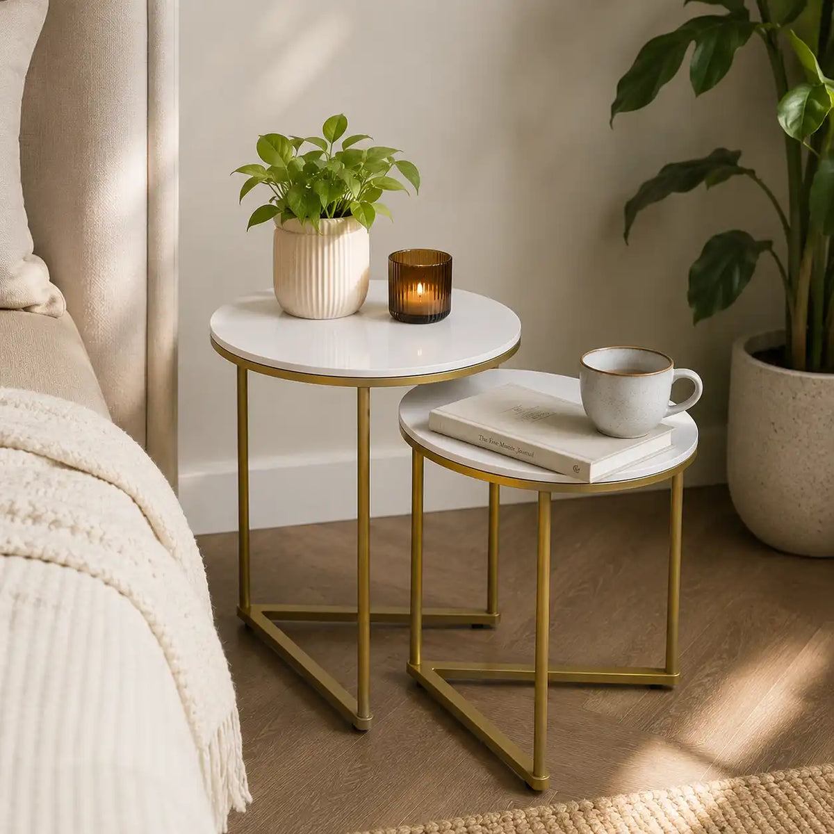 Round Shape Iron Stand Side Marble Table Set of 2