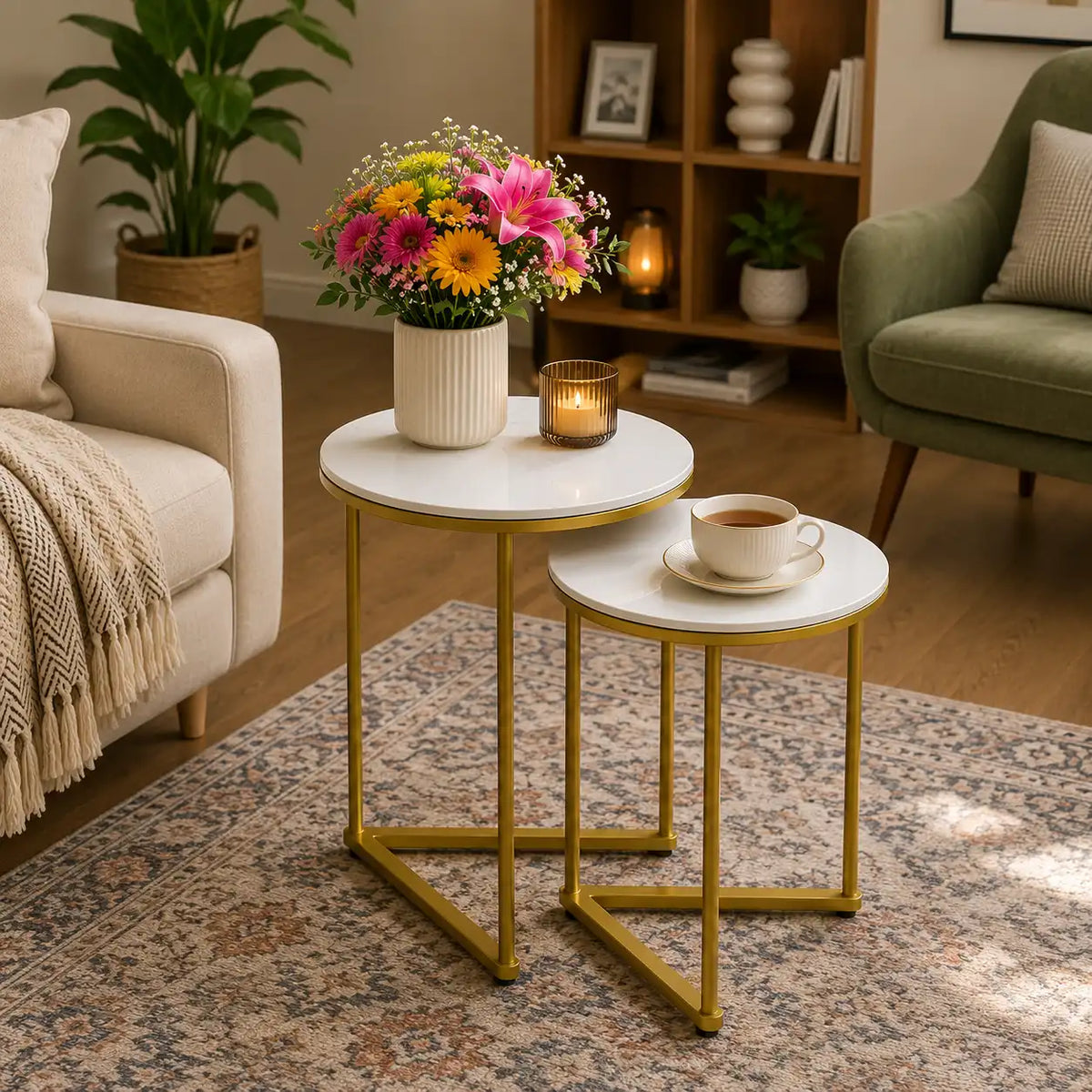 Round Shape Iron Stand Side Marble Table Set of 2