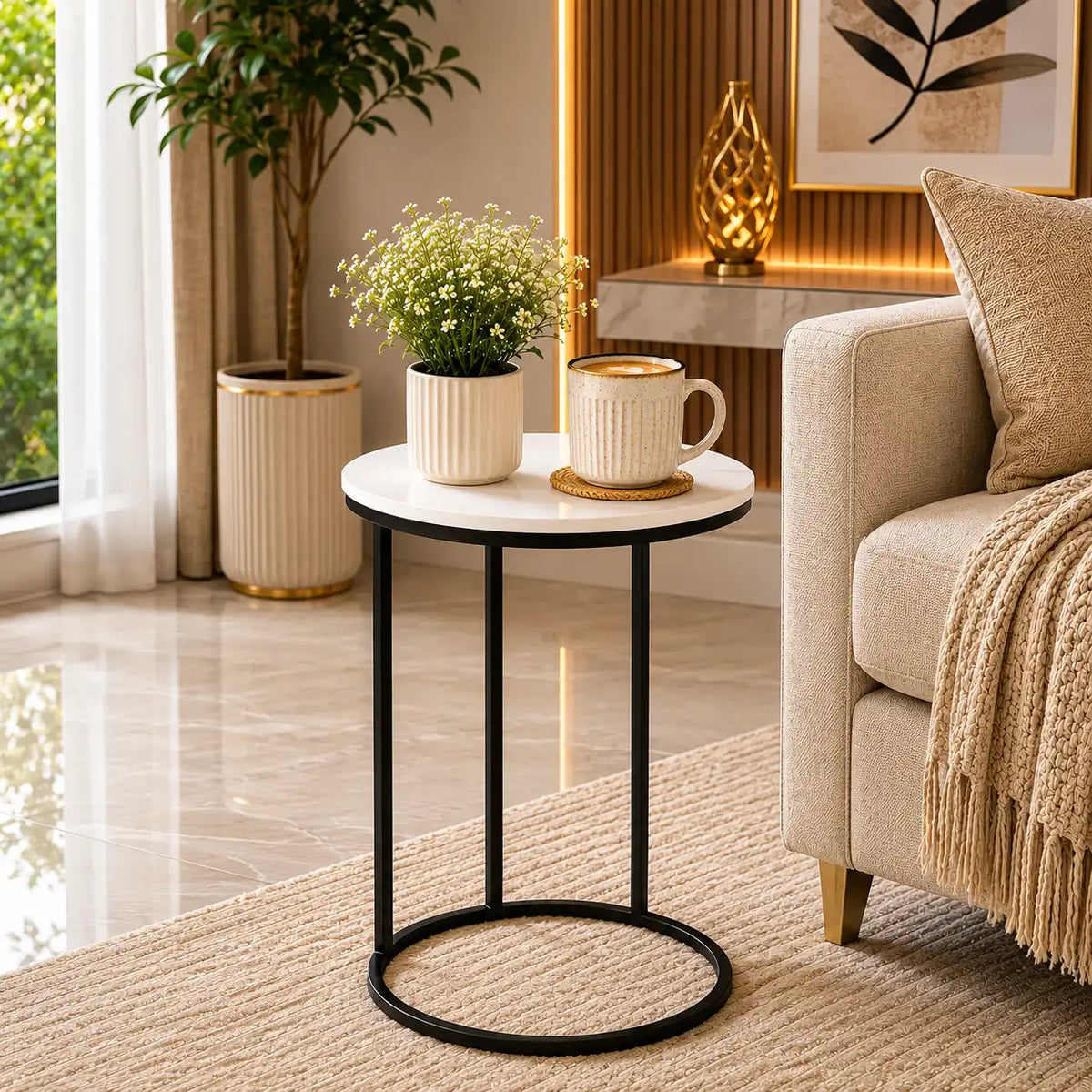 Round White Marble Designer Side Table