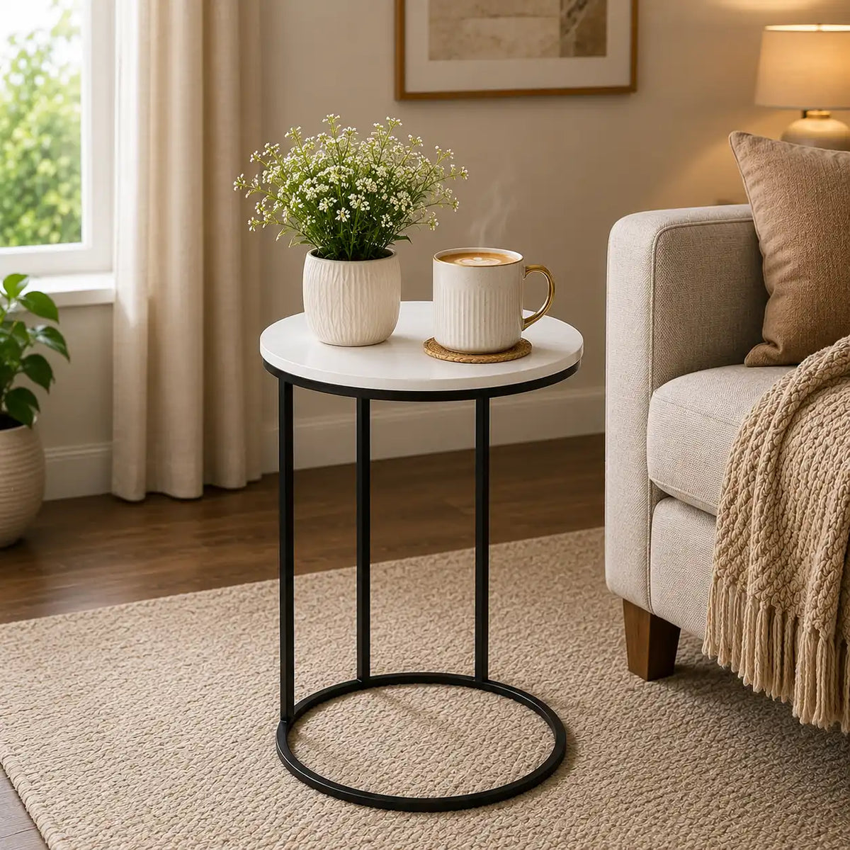 Round White Marble Designer Side Table