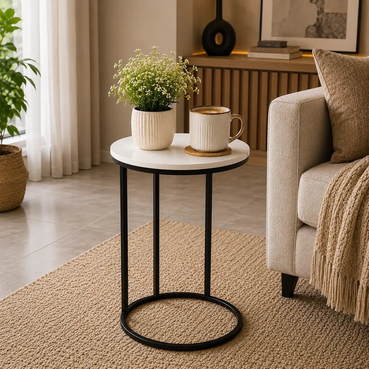 Round White Marble Designer Side Table
