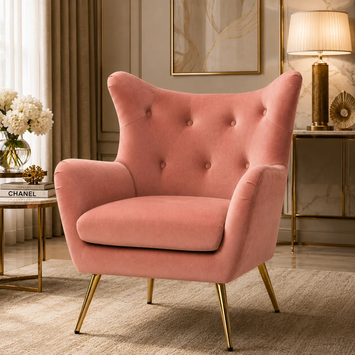 Royal Pink Comfortable Tufted Velvet Sofa Lounge Chair