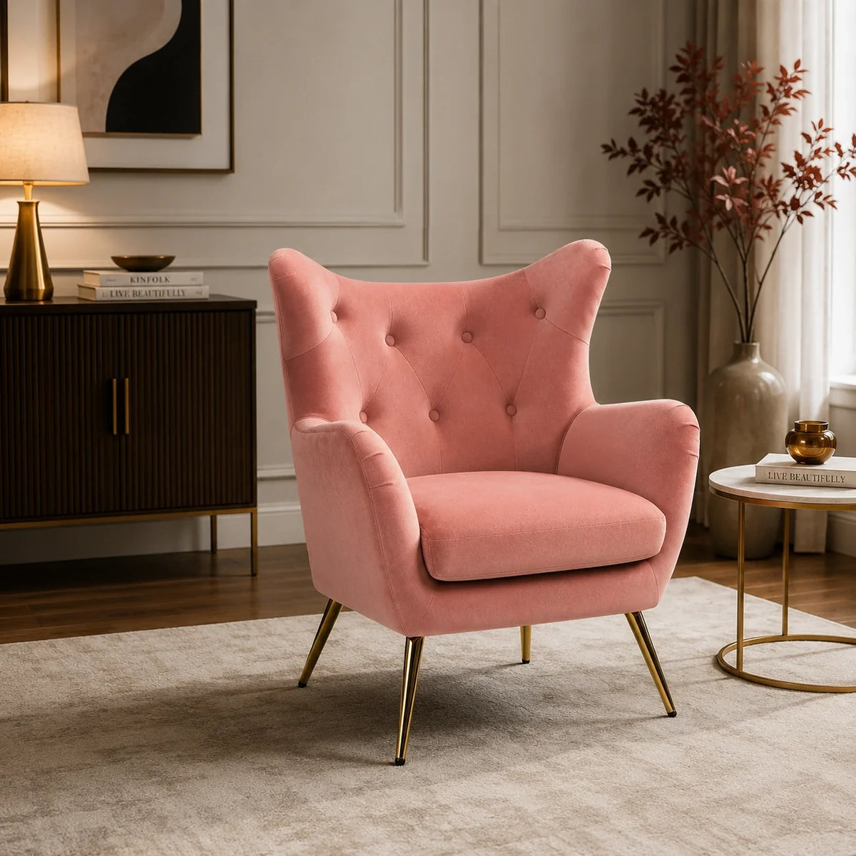 Royal Pink Comfortable Tufted Velvet Sofa Lounge Chair