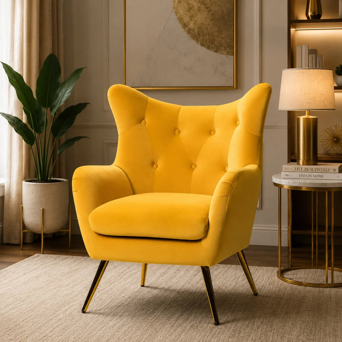 Royal Yellow Comfortable Tufted Velvet Sofa Lounge Chair