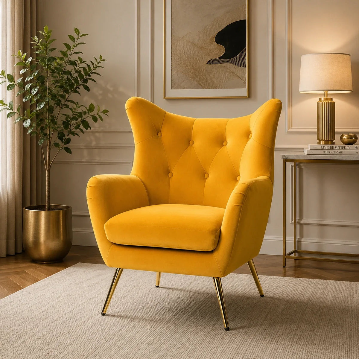 Royal Yellow Comfortable Tufted Velvet Sofa Lounge Chair