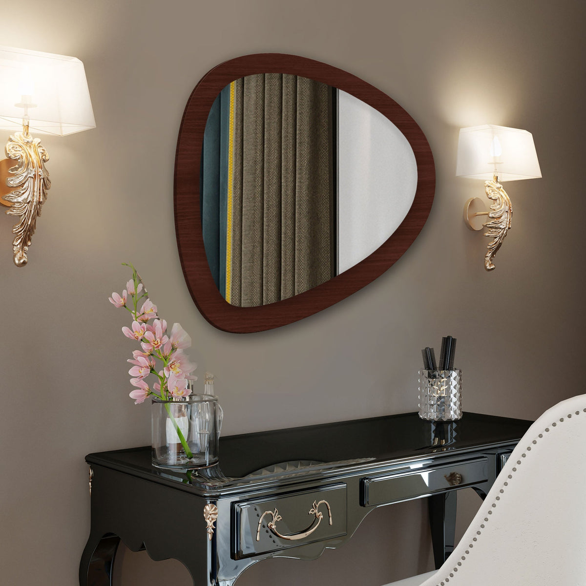 Scandinavian Pebble Shape Wooden Wall Mirror