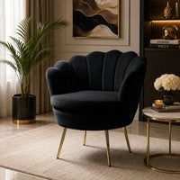 Shell Motif Luxury Design Black Velvet Accent Chair