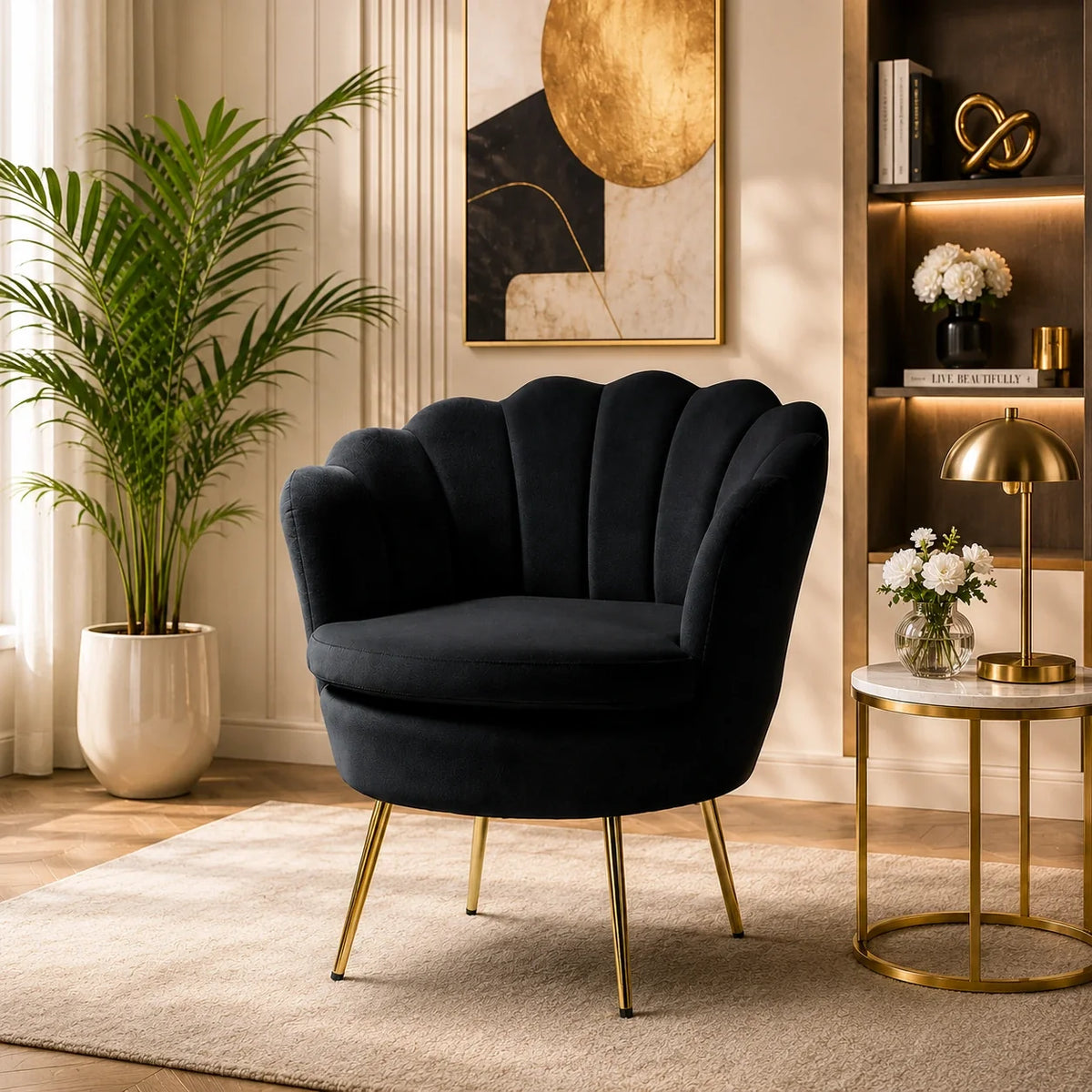 Shell Motif Luxury Design Black Velvet Accent Chair