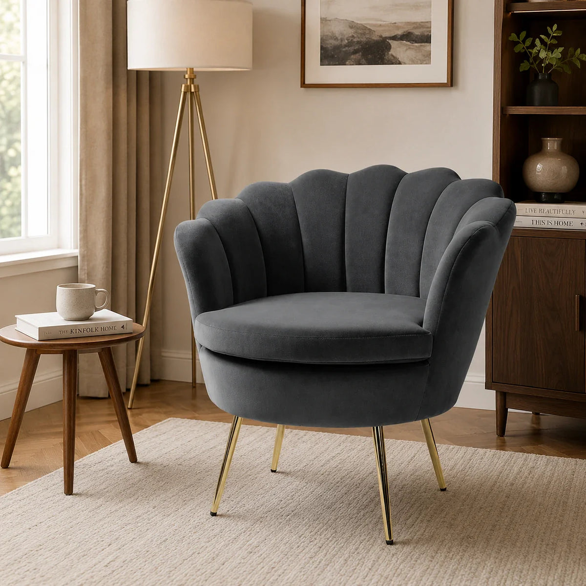 Shell Motif Luxury Design Grey Velvet Accent Chair