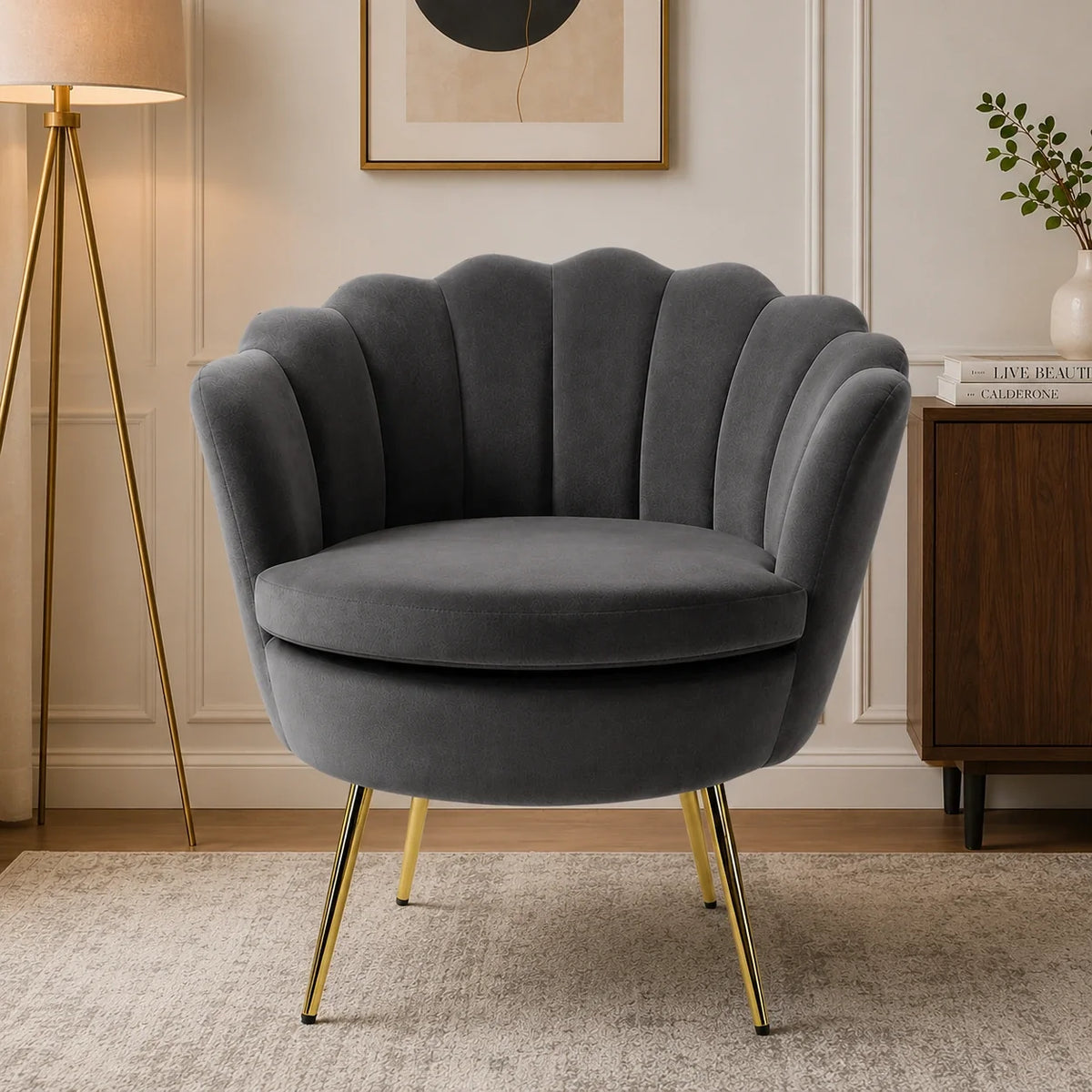 Shell Motif Luxury Design Grey Velvet Accent Chair