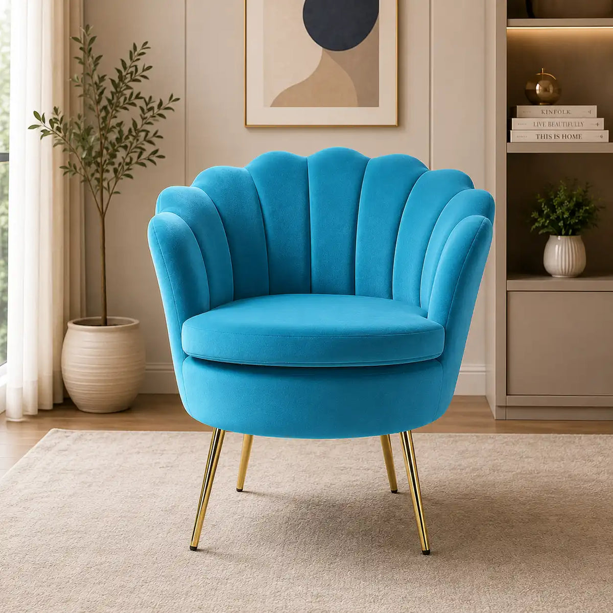 Shell Motif Luxury Sky Blue Velvet Comfy Lounge Chair