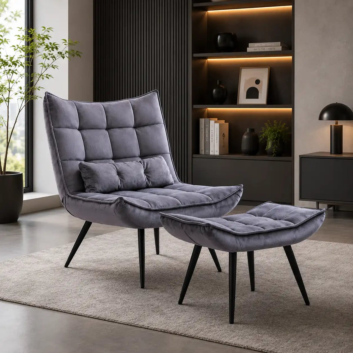 Shiny Grey Leather Finish Armchair with Footrest & Cushion