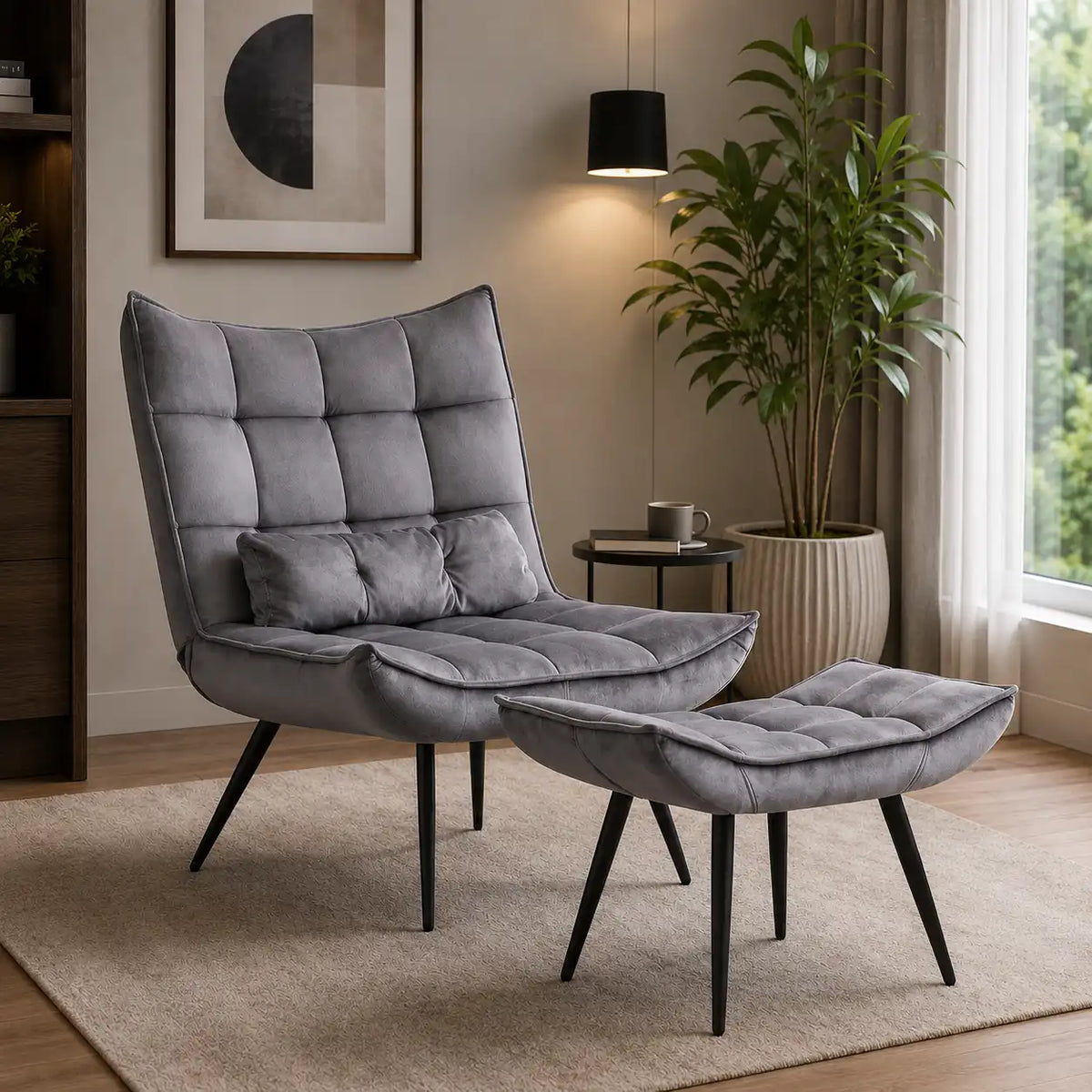 Shiny Grey Leather Finish Armchair with Footrest & Cushion