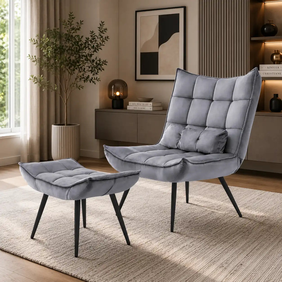 Shiny Grey Leather Finish Armchair with Footrest & Cushion