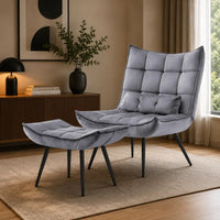 Shiny Grey Leather Finish Armchair with Footrest & Cushion