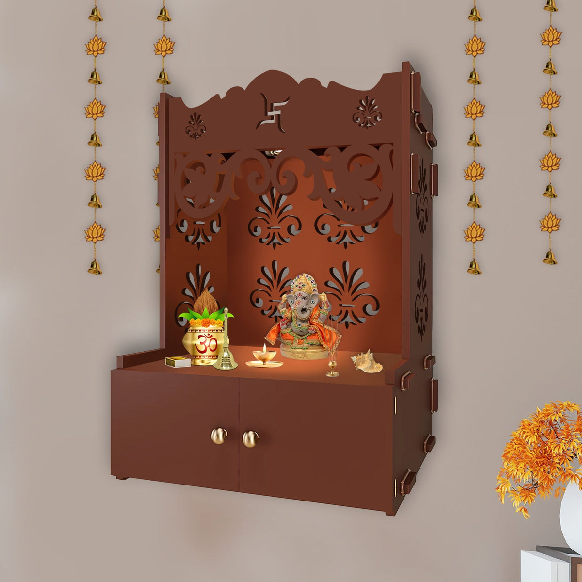 Shubh Labh Symbol of Hindu Religious Brown Wooden Wall Temple for Home With Inbuilt focus Lights & Spacious Shelf
