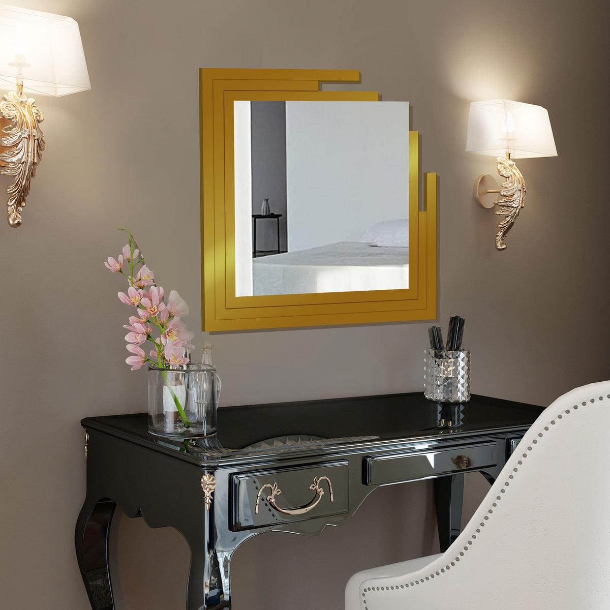Square Shape Unique Design Wooden Wall Mirror With Gold Texture
