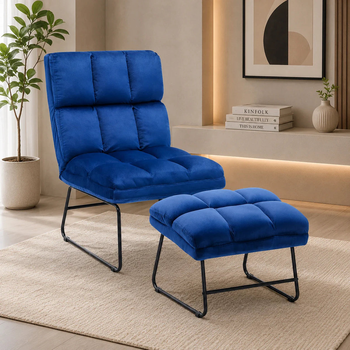 Square Tufted Design Blue Velvet Chair with Footrest