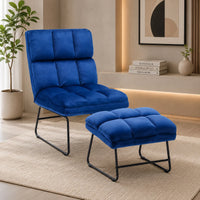 Square Tufted Design Blue Velvet Chair with Footrest