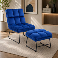 Square Tufted Design Blue Velvet Chair with Footrest