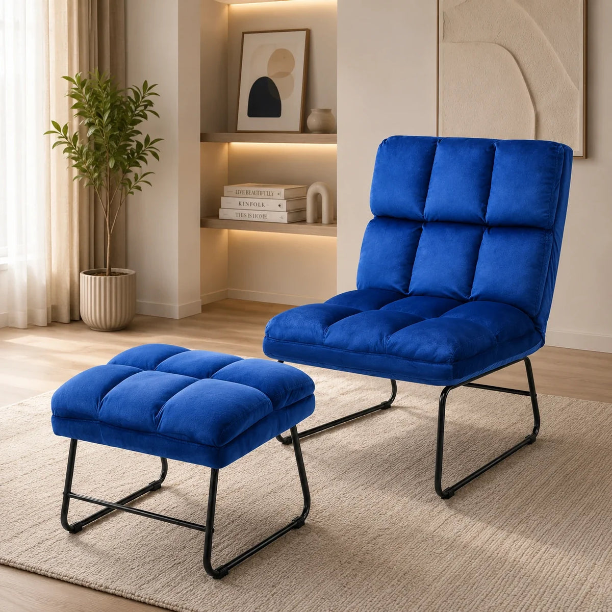 Square Tufted Design Blue Velvet Chair with Footrest