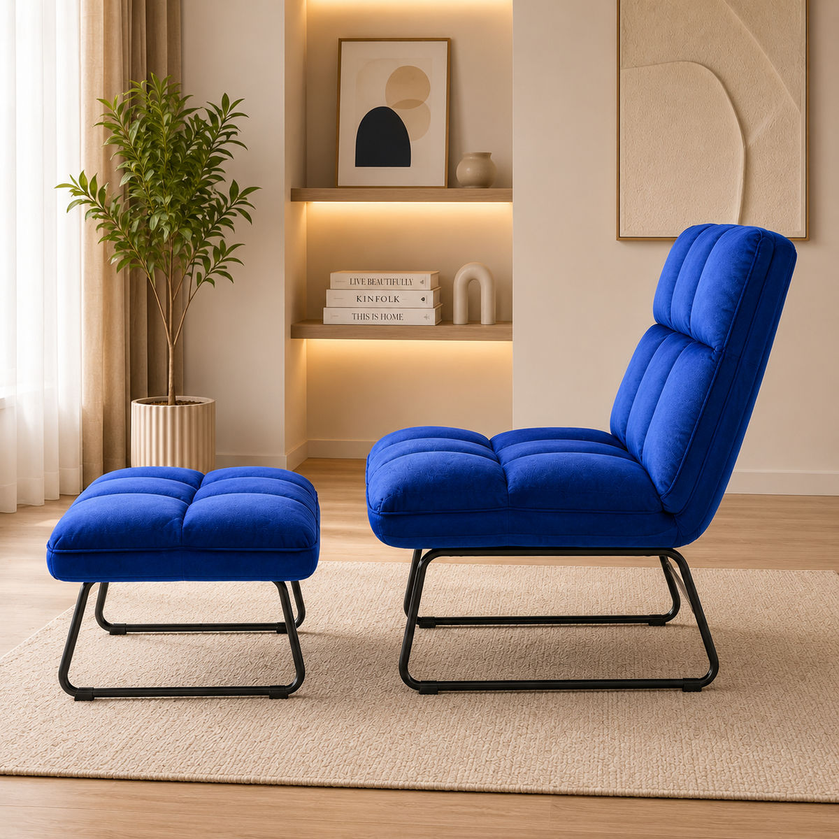 Square Tufted Design Blue Velvet Chair with Footrest