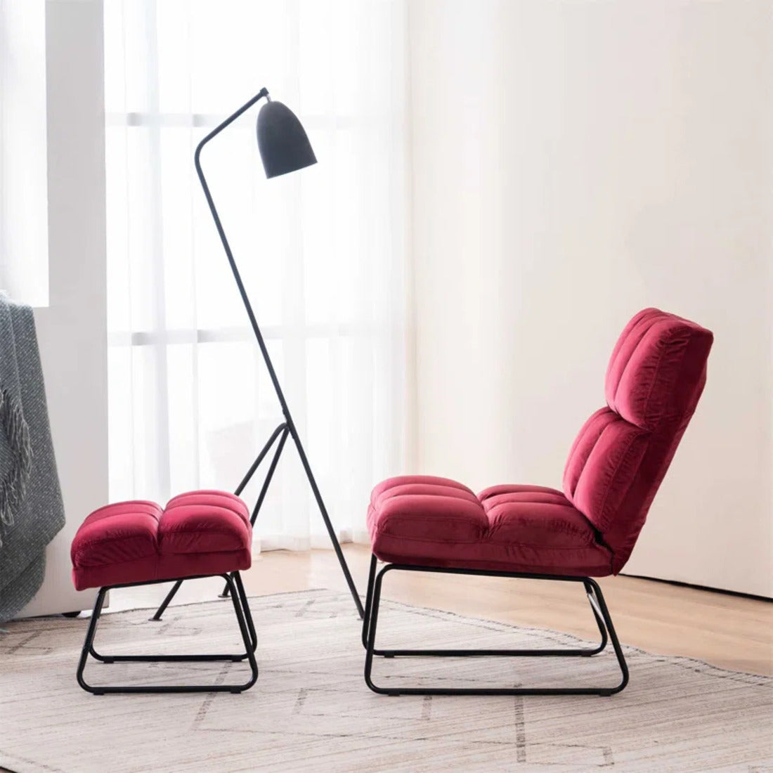 Square Tufted Rich Red Premium Velvet Chair with Footrest