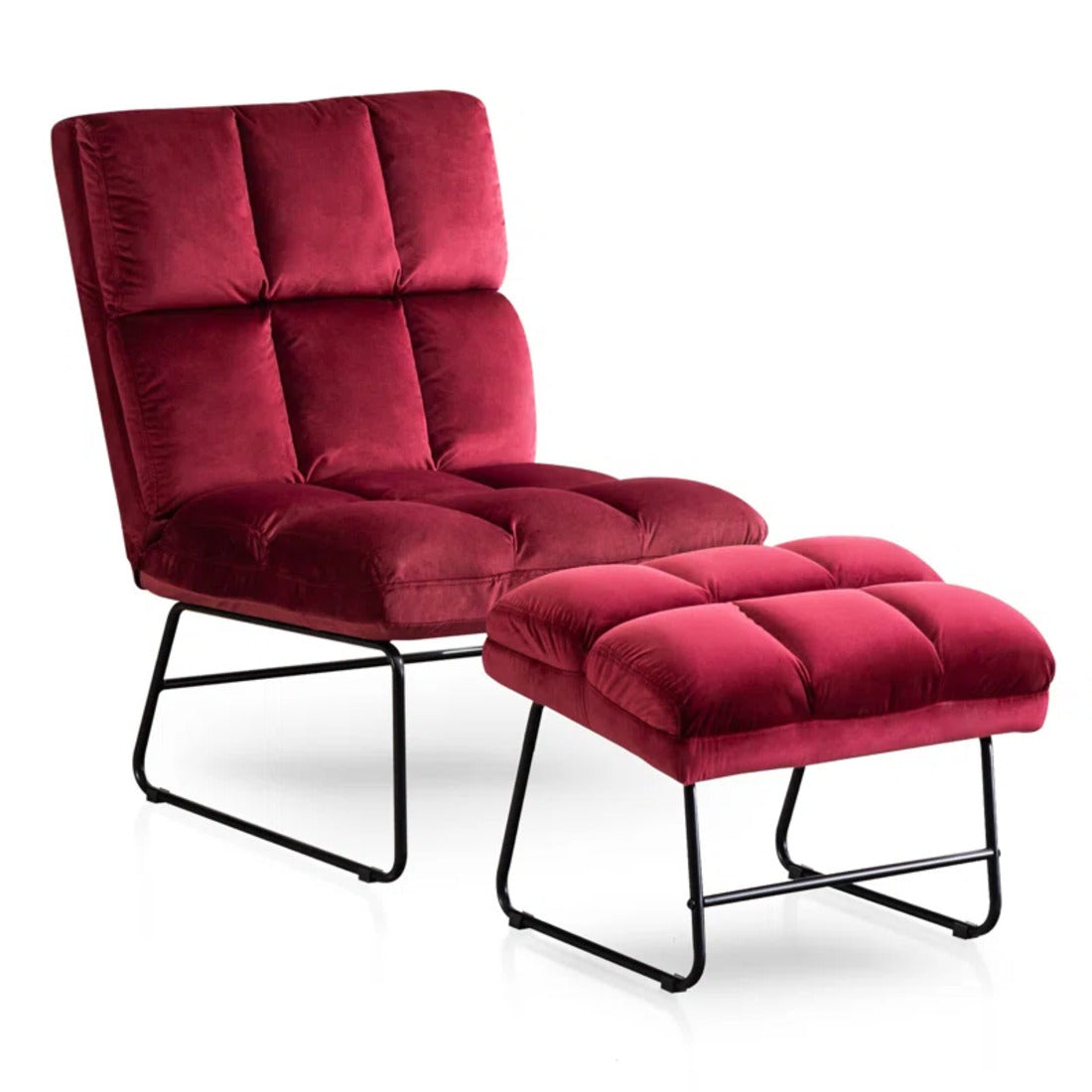 Square Tufted Rich Red Premium Velvet Chair with Footrest