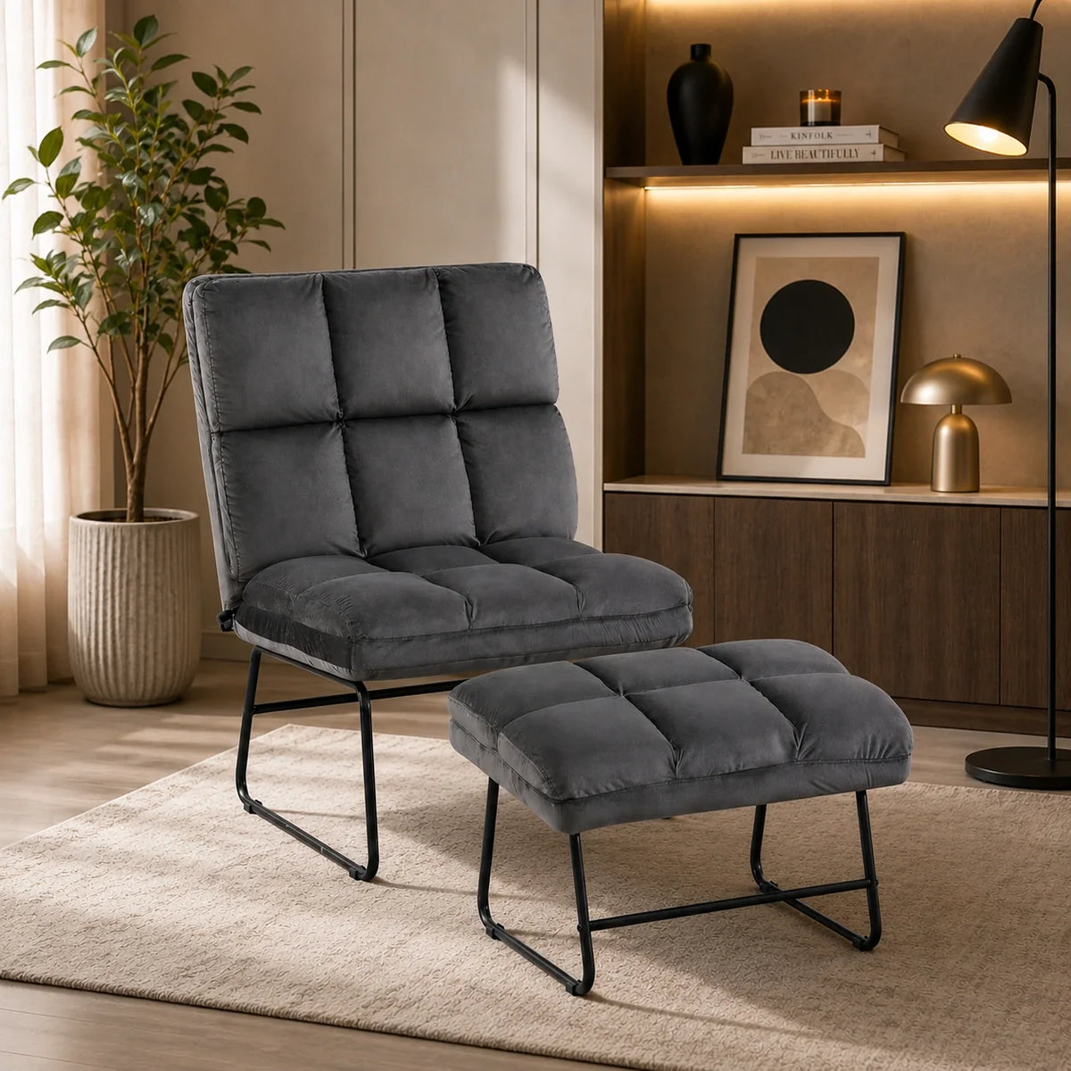 Square Tufted Style Grey Velvet Chair with Footrest