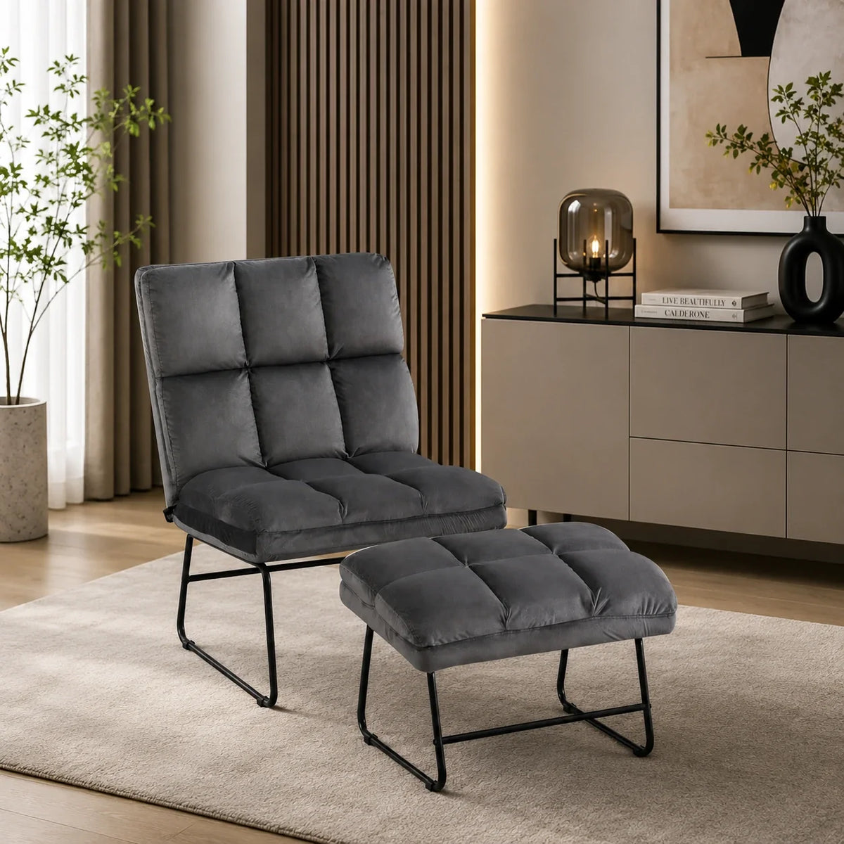 Square Tufted Style Grey Velvet Chair with Footrest