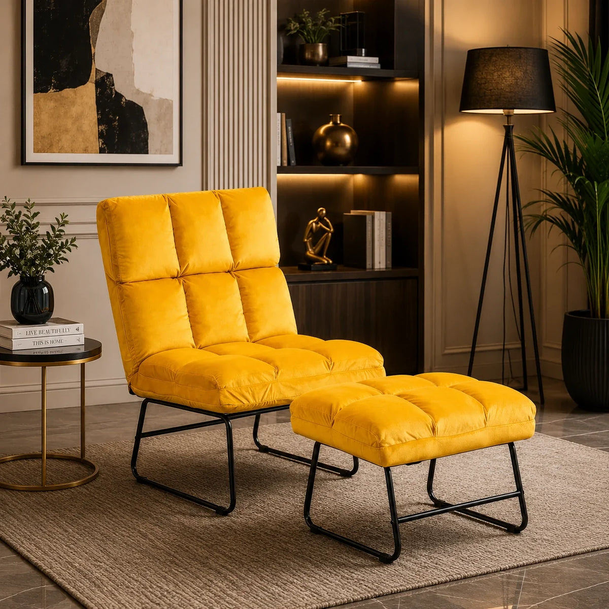 Square Tufted Style Yellow Velvet Chair with Footrest
