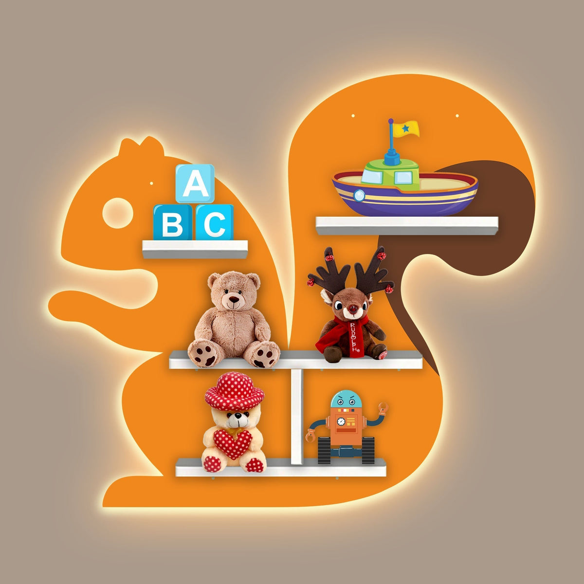 Squirrel Shape Wooden Wall Shelf LED Light Wall Shelf for Kids