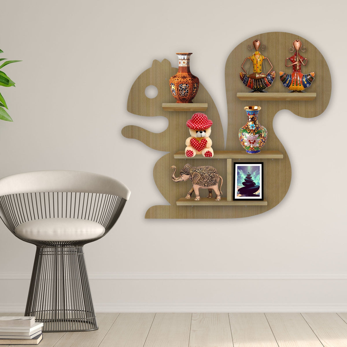Squirrel Shape Wooden Wall Shelf LED Light Wall Shelf with Oak Finish