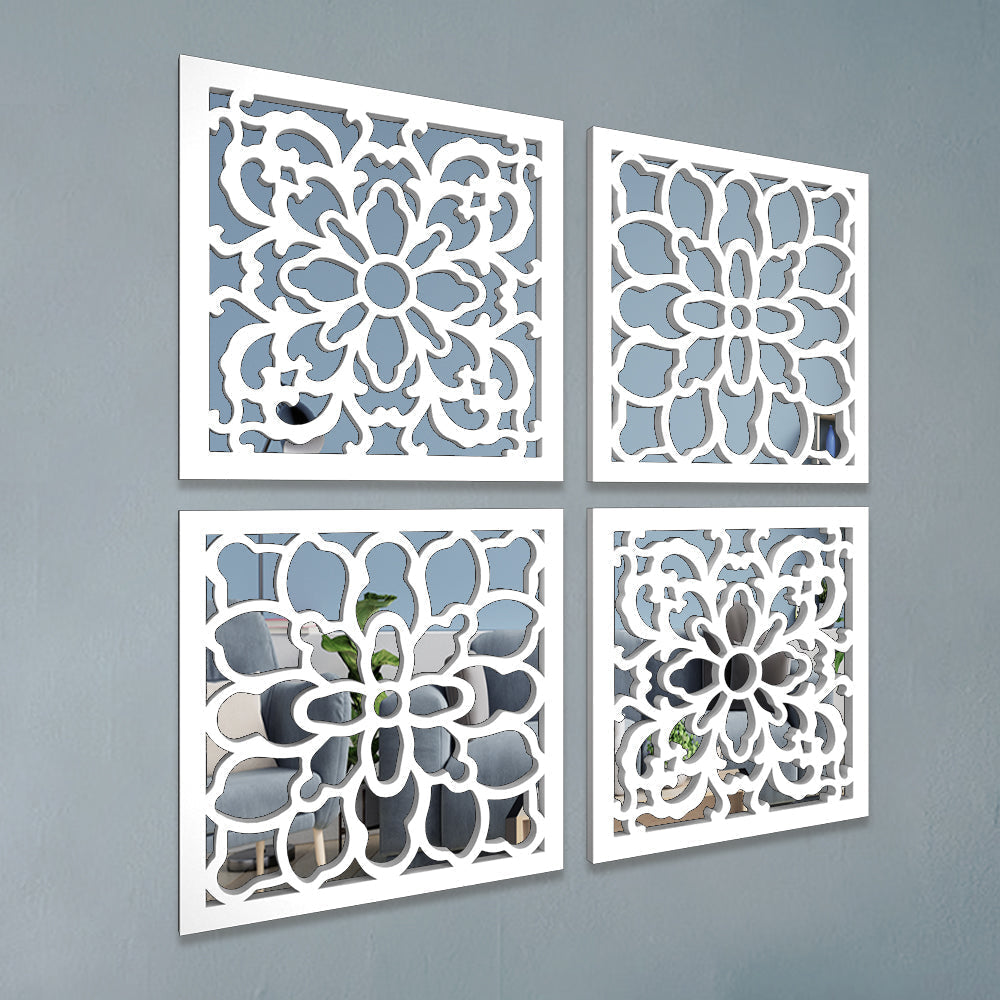 Traditional Intricate Pattern Wooden Mirror Wall Art Set of 4