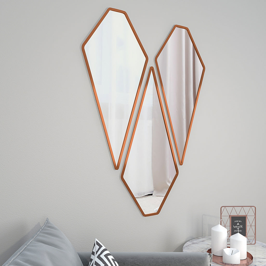 Tringle Shape Diamond Cut Copper Finish Vanity Mirrors Set Of 3
