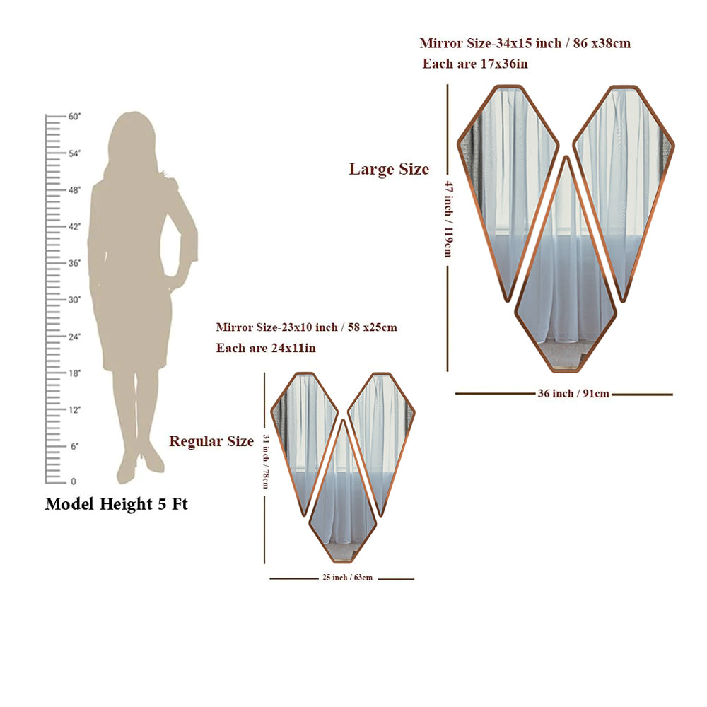 Tringle Shape Diamond Cut Copper Finish Vanity Mirrors Set Of 3