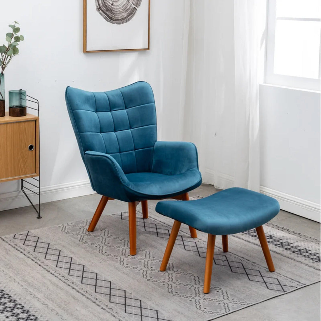 Tufted Curvy Long Back Sea Green Armchair with Footrest
